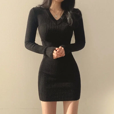 Korean Style Tight Knitted Dresses for Women Autumn Winter 2023 Long Sleeve Bodycon Dress Female Sexy V Neck Sweater Dress Woman