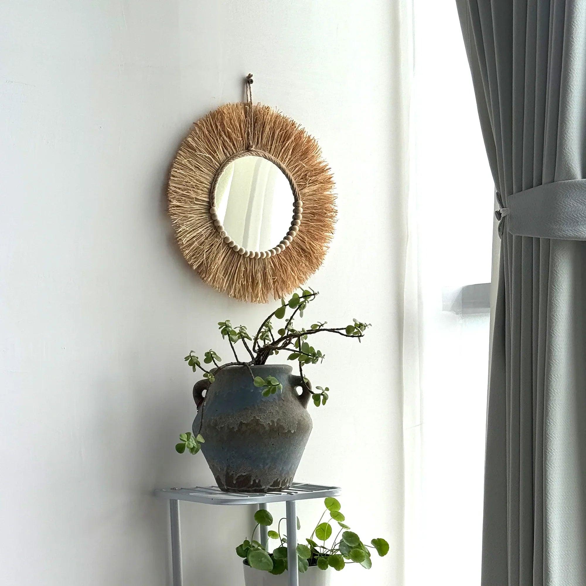 Handmade boho raffia mirror wall hanging decor rustic circle acrylic mirrors with wood bead farmhouse aesthetic nursery