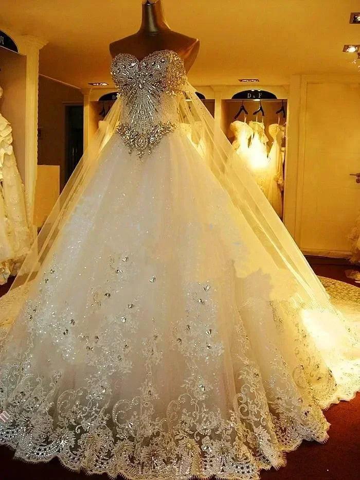 Royal train wedding dress heavy beads rhinestones arabia bridal gown