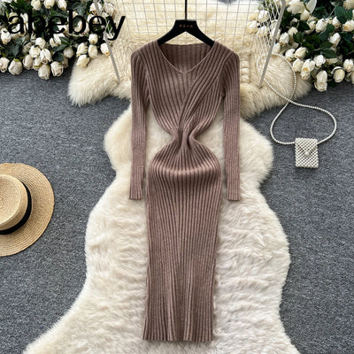 Sweater Knit Dress For Women Vintage Knitting Package Hip Elegant Lady Knitwear Elasticity Women's Autumn Winter Midi Dresses