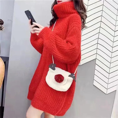 Turtleneck Pullover Sweater Dress Women's Outer Wear 2025 New Autumn Winter Fashion Loose Warm Mid-length Knitted Coat Tops