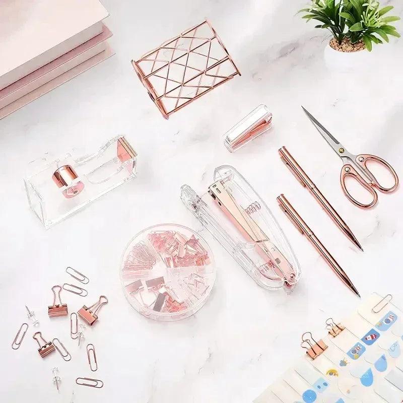Complete office supplies set -acrylic stapler tape holder pen ballpoint pens scissors binder paper clip staples