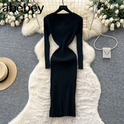 Sweater Knit Dress For Women Vintage Knitting Package Hip Elegant Lady Knitwear Elasticity Women's Autumn Winter Midi Dresses
