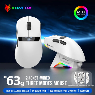 59g Superlight Wireless Gaming Mouse with Magnetic RGB Charging Dock，BT/2.4G Wireless/Wired Mouse, 22000 DPI，5 Programmable Butt
