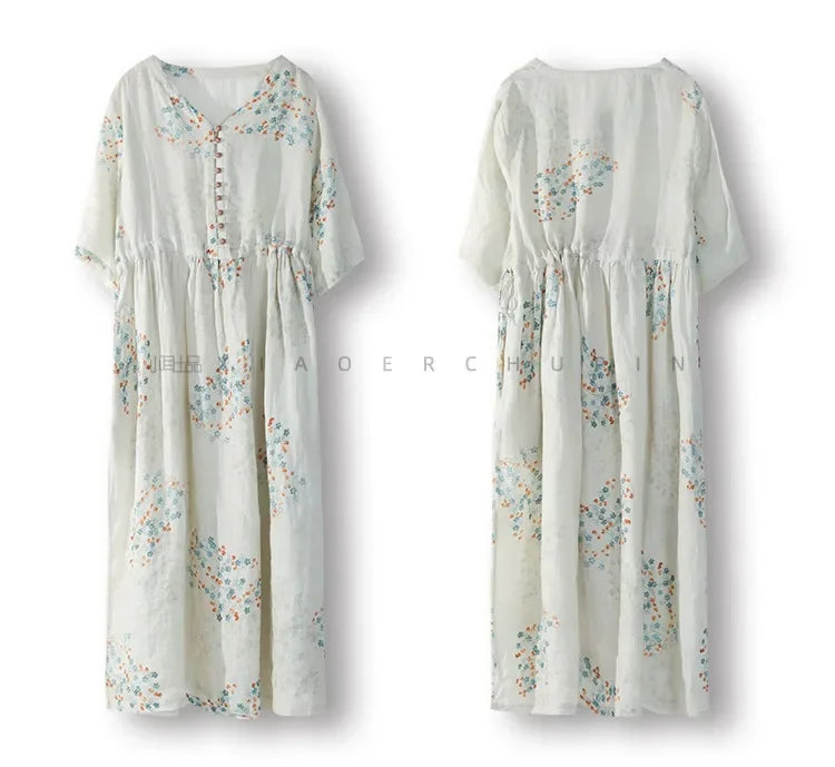 Summer Dress Women 2025 Long Print Elegant Clothing Vintage Elastic Waist Korean Beach Style V-Neck Fashion Robe Ropa De Mujer