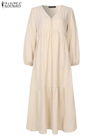 Vintage Cotton Linen Long Sleeve Dress Women Casual Autumn Maxi Robe V Neck Tiered Loose Vestido