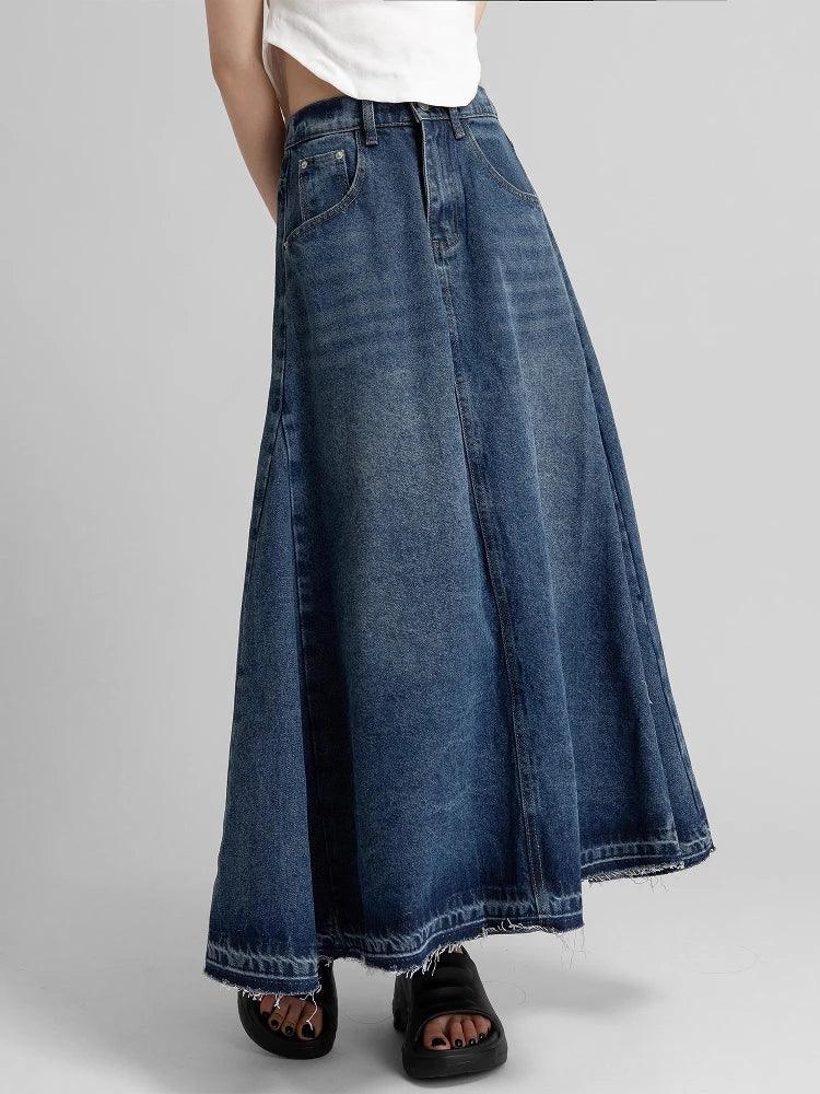 American Street Style Low Waist Large Hem Heavy Craft Retro Washed Frayed Denim Midi Skirt, Slimming A-line Skirts for Women