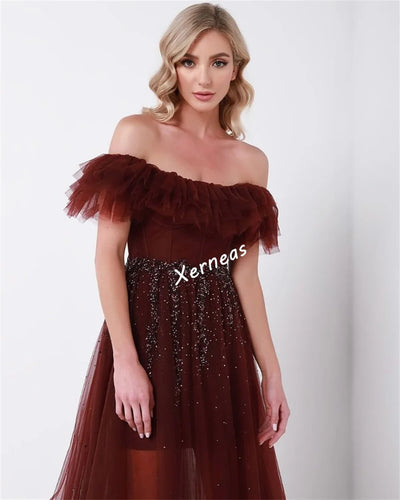 Customized Pleat Sequined Temperament A-line Off-the-shoulder Midi Dresses Bespoke Occasion Woman Elegant Party Wedding Evening