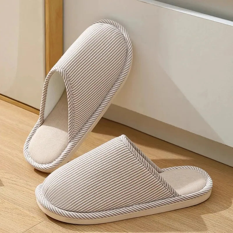 Warm Plush Cotton Slippers for Home Indoor Non-slip Linen Flats Spring and Autumn Couple House Slides