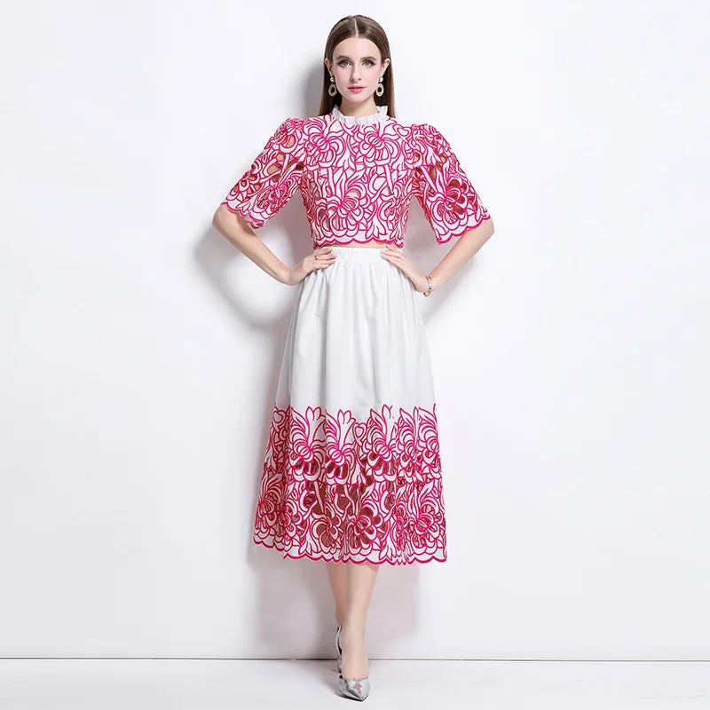 Summer Short Sleeve A-LINE Set Skirt for Women Fashion Ruffled Collar Embroidery Set Skirt Women Vestidos De Verano Mujer Q344