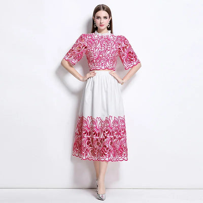 Summer Short Sleeve A-LINE Set Skirt for Women Fashion Ruffled Collar Embroidery Set Skirt Women Vestidos De Verano Mujer Q344