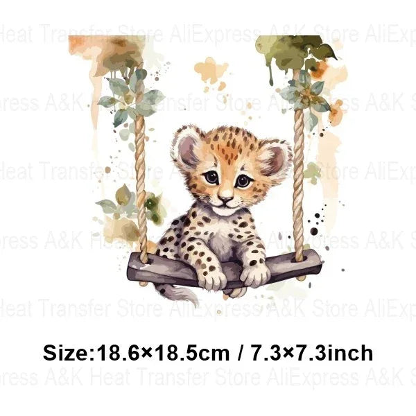 Baby Animal On Swings Heat Transfers For Kids Clothing Elephant Tigers Lion Stickers On Clothes Diy Thermal Patches Decals