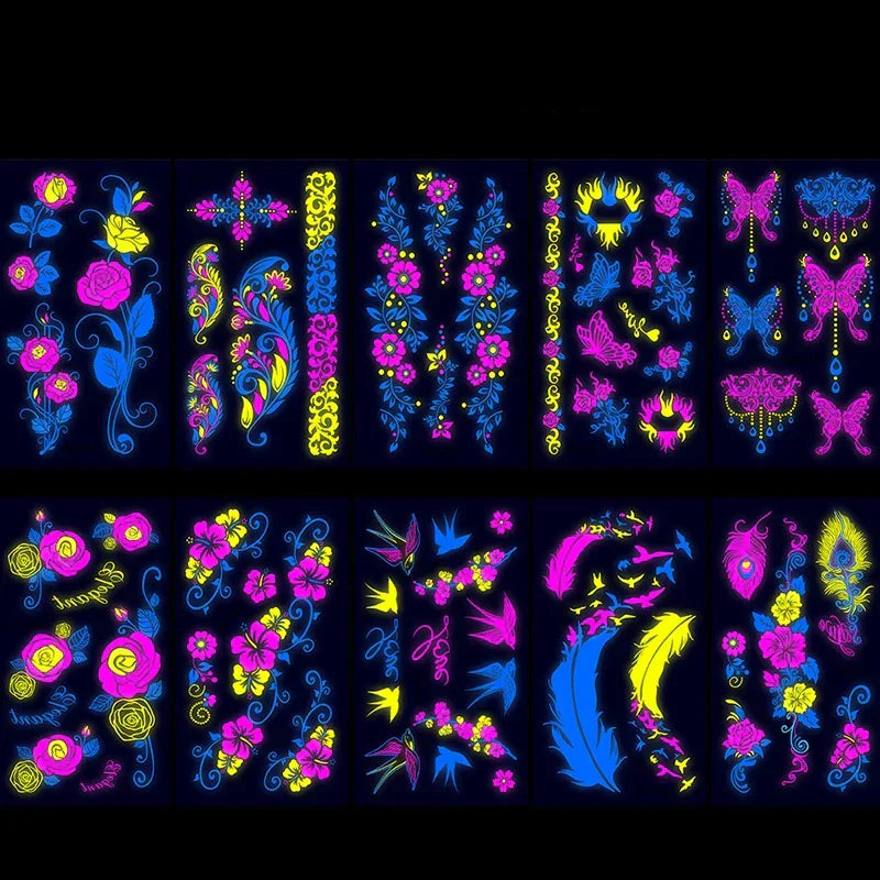 Temporary Fluorescent Tattoos Flower Feather Animals Pattern Body Arm Leg Face Stickers Night Bar Party Music Festival