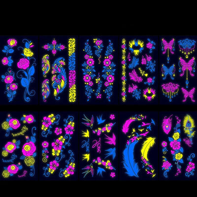 Temporary Fluorescent Tattoos Flower Feather Animals Pattern Body Arm Leg Face Stickers Night Bar Party Music Festival