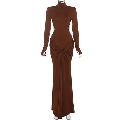 Womens Elegant Turtleneck Ruched Backless Party Dress 2025 Lady Long Sleeve Tunics Folds Long Maxi Formal Gown Evening Dresses