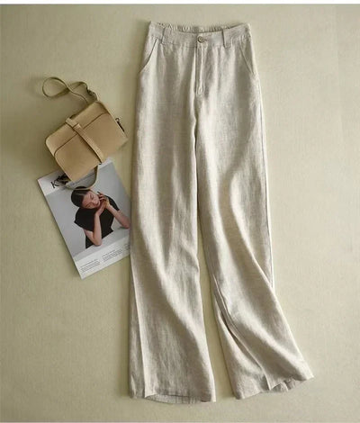 Women's Cotton Linen Straight Trousers Elastic High Waist Wild Wide Leg Pants Female Spring Summer Solid Color Loose Linen Pants