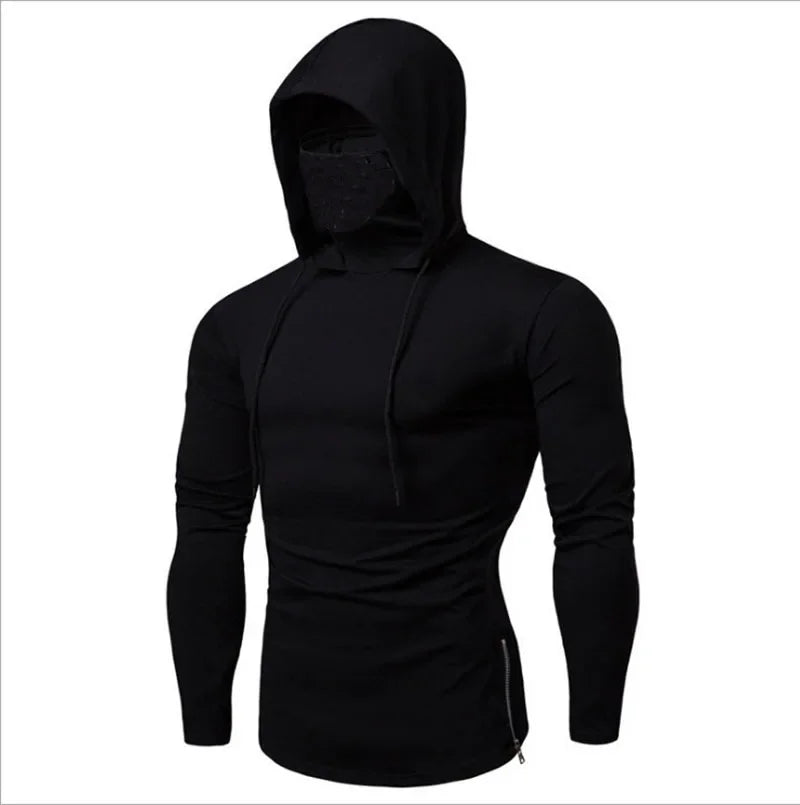 Men Athletic Hoodies Fashion Slim Fit Long Sleeve Sweatshirt with Mask Design Solid Color Sport Fitness Casual Pullover Outwear
