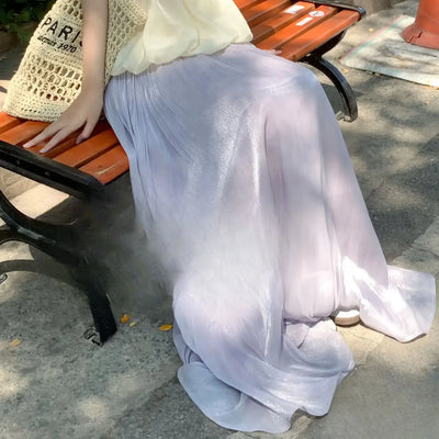 A Tall Sporty Skirt with Sparkling High Waist Elastic High-end Flowing A-line Extended Pink Skirt