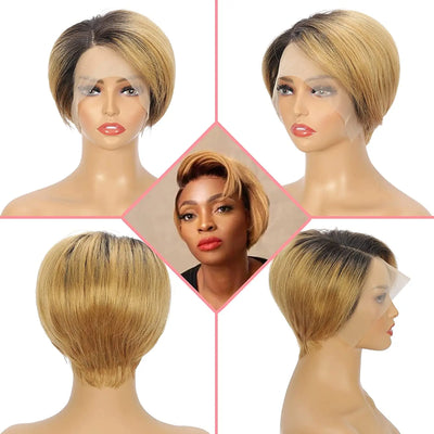 Human Hair Wigs Short Straight Bob Wig T Part Transparent Lace Wig For Women Preplucked Hairline Pixie Cut Wig Perruque Femme