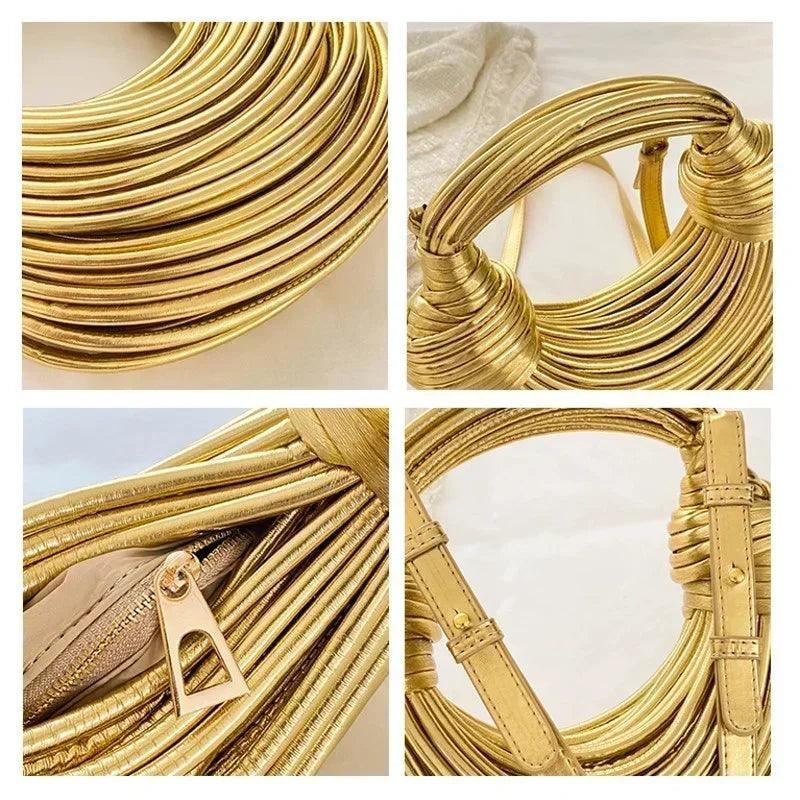 Handbags for women 2024 new gold luxury designer brand handwoven noodle bags rope knotted pulled hobo silver evening