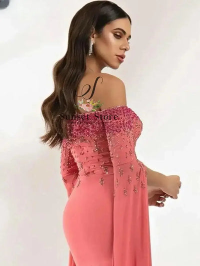 Customized Vestidos De Noche Bateau Neck Elegant Evening Dresses for Women Luxury Bead Sequins Celebrity Party Long Sleeves Prom