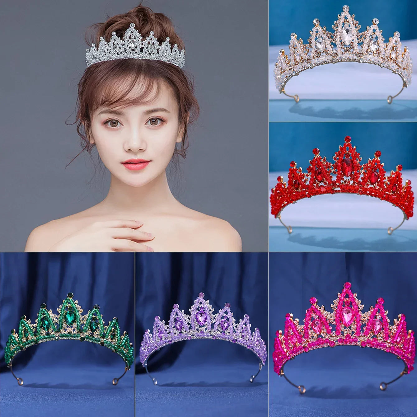 Handmade designer Crystal Crown Hair Accessories Tiara For Women Party Red Purple Rhinestone Bridal Crown New Hair Jewelry