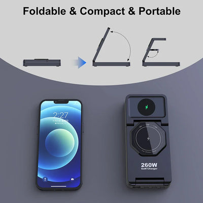 260W Magnetic Wireless Charging Station GaN USB TypeC Charger PPS PD Fast Charge For iPhone 16 15 IWatch AirPods Foldable Holder