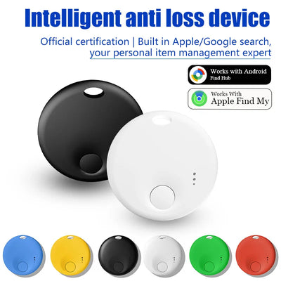White AirTag tracker with button, battery indicator, Apple Find My compatible