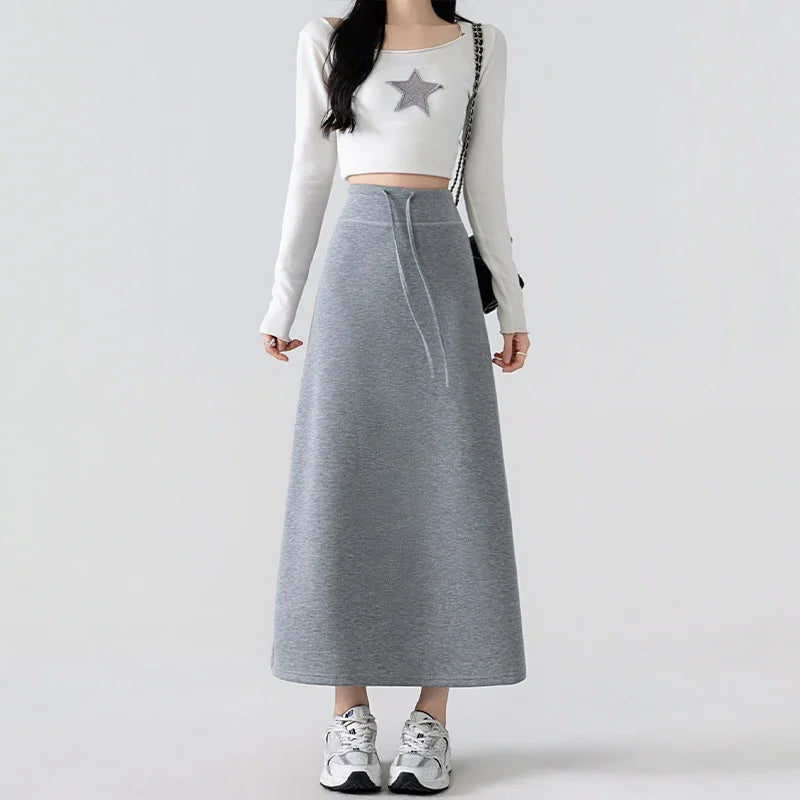 Simple Solid Color Long Skirts for Women Autmn Winter Chic Back Slit A-Line Midi Skirt Elegant Drawstring All Match Maxi Skirts