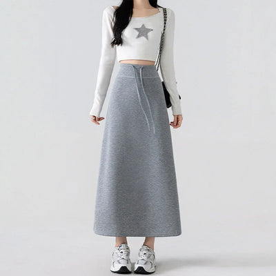 Simple Solid Color Long Skirts for Women Autmn Winter Chic Back Slit A-Line Midi Skirt Elegant Drawstring All Match Maxi Skirts