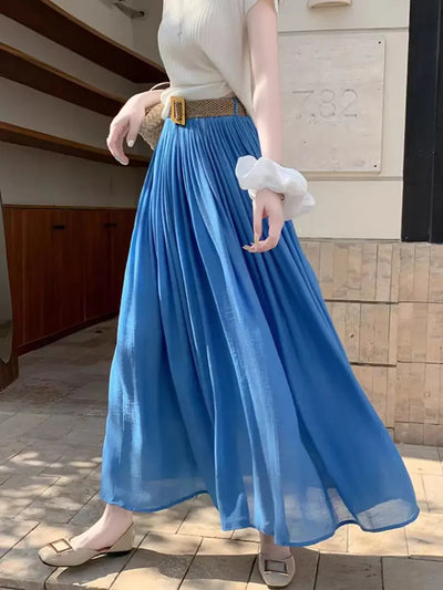 2025 New High Waisted Cotton Linen Pleated Midi Skirt – Summer Flowy A-Line Maxi Skirt for Women, Breathable & Elegant