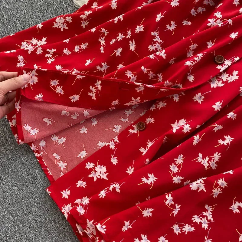 Korean Red elegant sexy Dress women Summer Autumn V-neck polka dot midi dress waist split dress vestidos de fiesta clothes