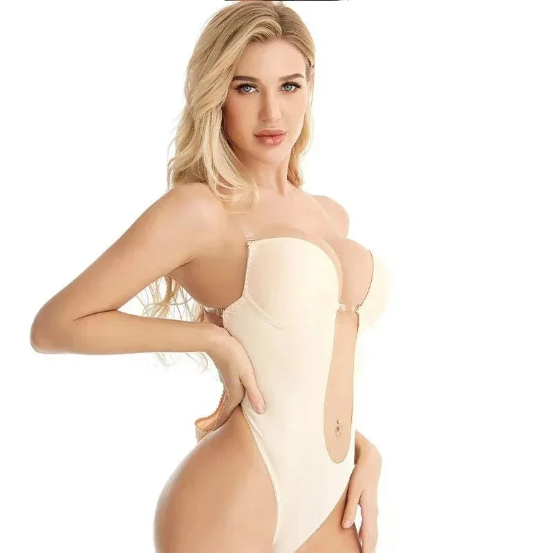 Invisible Shaper Bra Sexy Bodysuit Corset Backless Deep V-Neck U Plunge Thong Waist Trainer Clear Strap Padded Push Up Shapewear