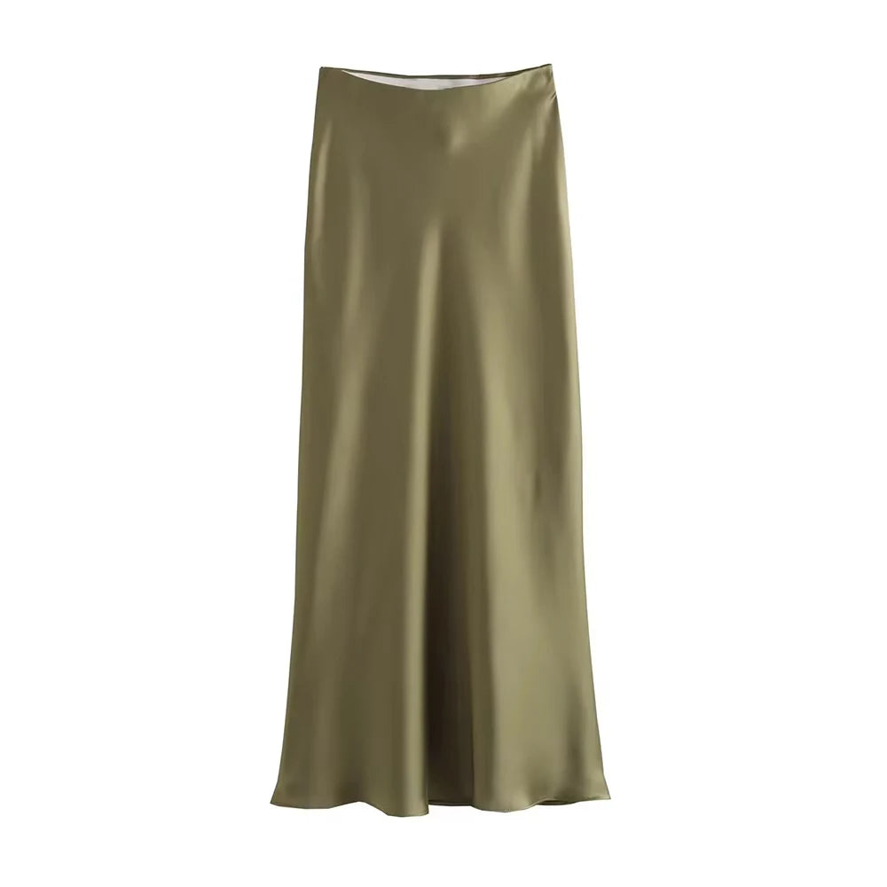 Women's Flowing Satin Midi Skirt, High Waist With Elastic Waistband, Female Skirts, Chic Fashion