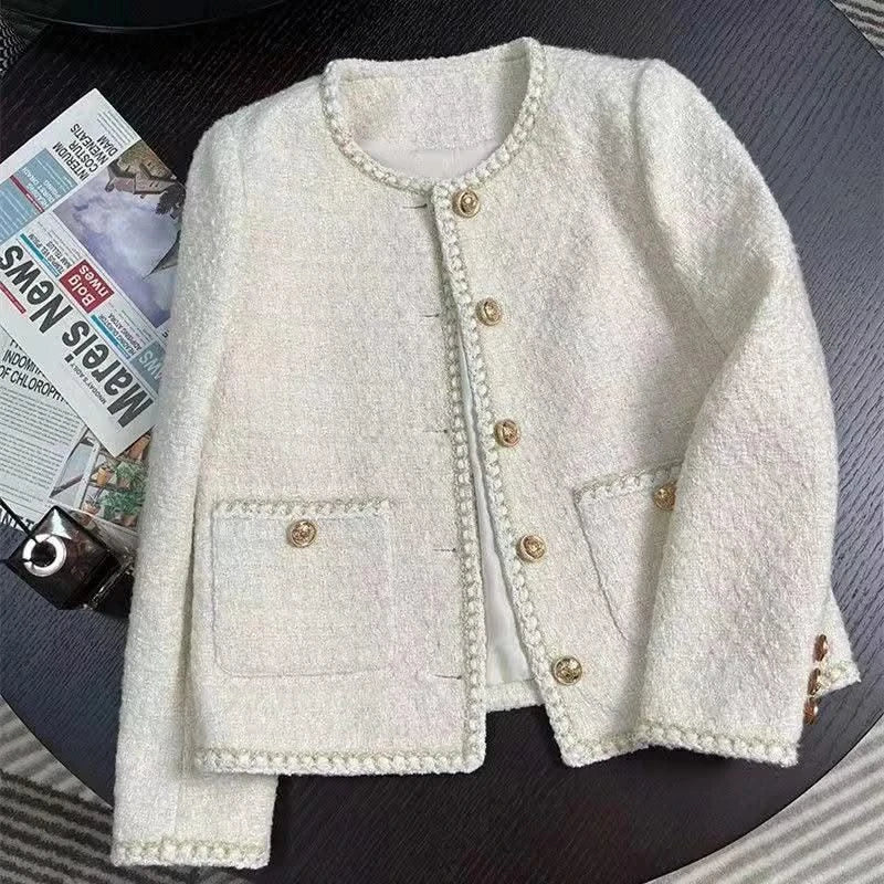 Women Vintage Jacket Autumn Winter Coat Off White Crop French Tweed