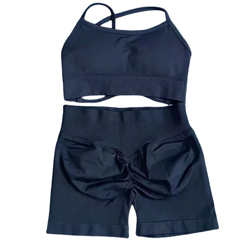 2025 Yoga High Quality Set Solid Color Women's Sports Hip Lift Shorts Cross Bra Shockproof Backrest Sling 2-piece Set Summer