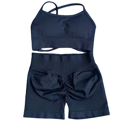 2025 Yoga High Quality Set Solid Color Women's Sports Hip Lift Shorts Cross Bra Shockproof Backrest Sling 2-piece Set Summer