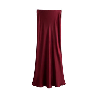 Women's Flowing Satin Midi Skirt, High Waist With Elastic Waistband, Female Skirts, Chic Fashion