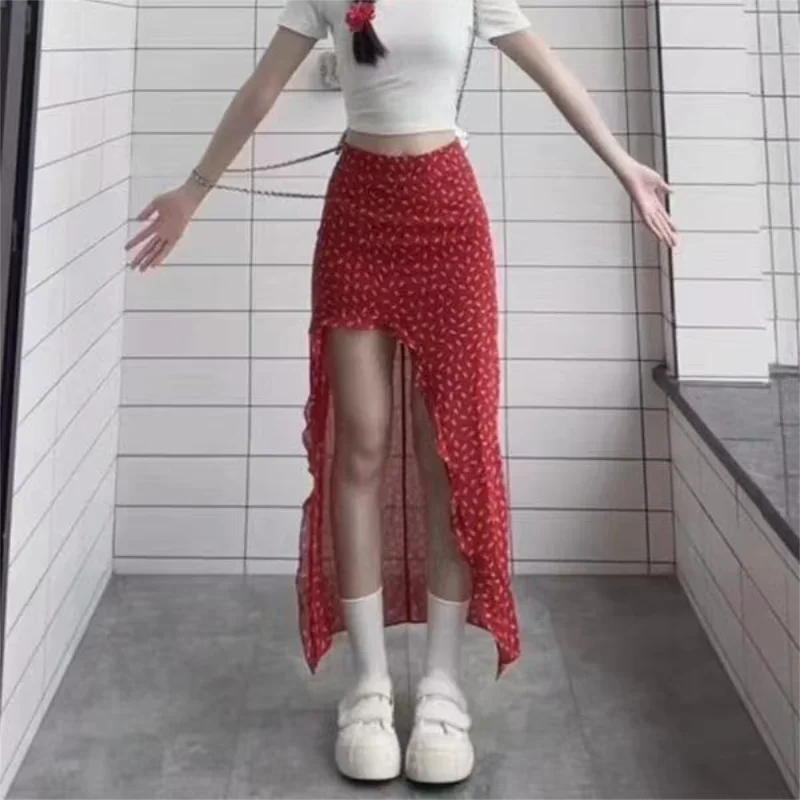 Ruffled Floral Skirt for Women Summer Mid Long High Waist Skirt Red Irregular Sexy Split Skirt Fashion Beachwear Y2k Clothing