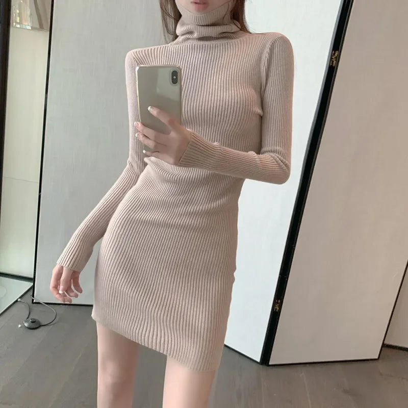 Xpqbb Turtleneck Sweater Dress for Woman Autumn Winter New Solid Slim Knitted Mini Dress Women Sexy Skinny Short Bodycon Dresses