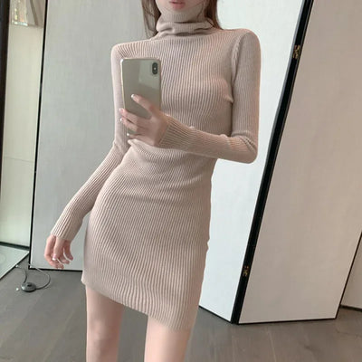Xpqbb Turtleneck Sweater Dress for Woman Autumn Winter New Solid Slim Knitted Mini Dress Women Sexy Skinny Short Bodycon Dresses