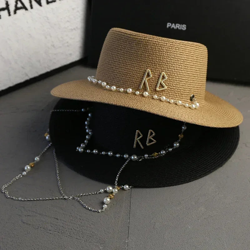 New women summer hats straw sun hat panama elegant fedoras lady girl outdoor vacation with pearl chain sunshade beach