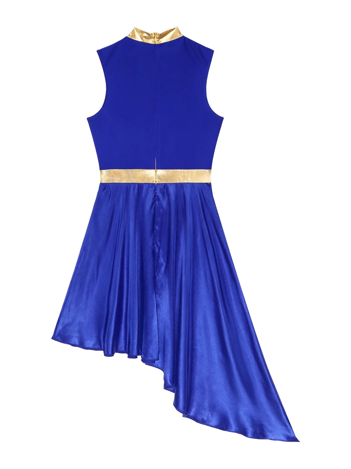 Women Lyrical Dance Dress Color Block Patchwork Invisible Zipper Back Flowy Asymmetrical Hem Sleeveless Dresses Dancewear