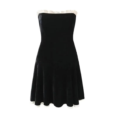 YENKYE Black Strapless Christmas Dress Sexy A Line Vintage Velvet Party Mini Dresses Elegant Women Dresses