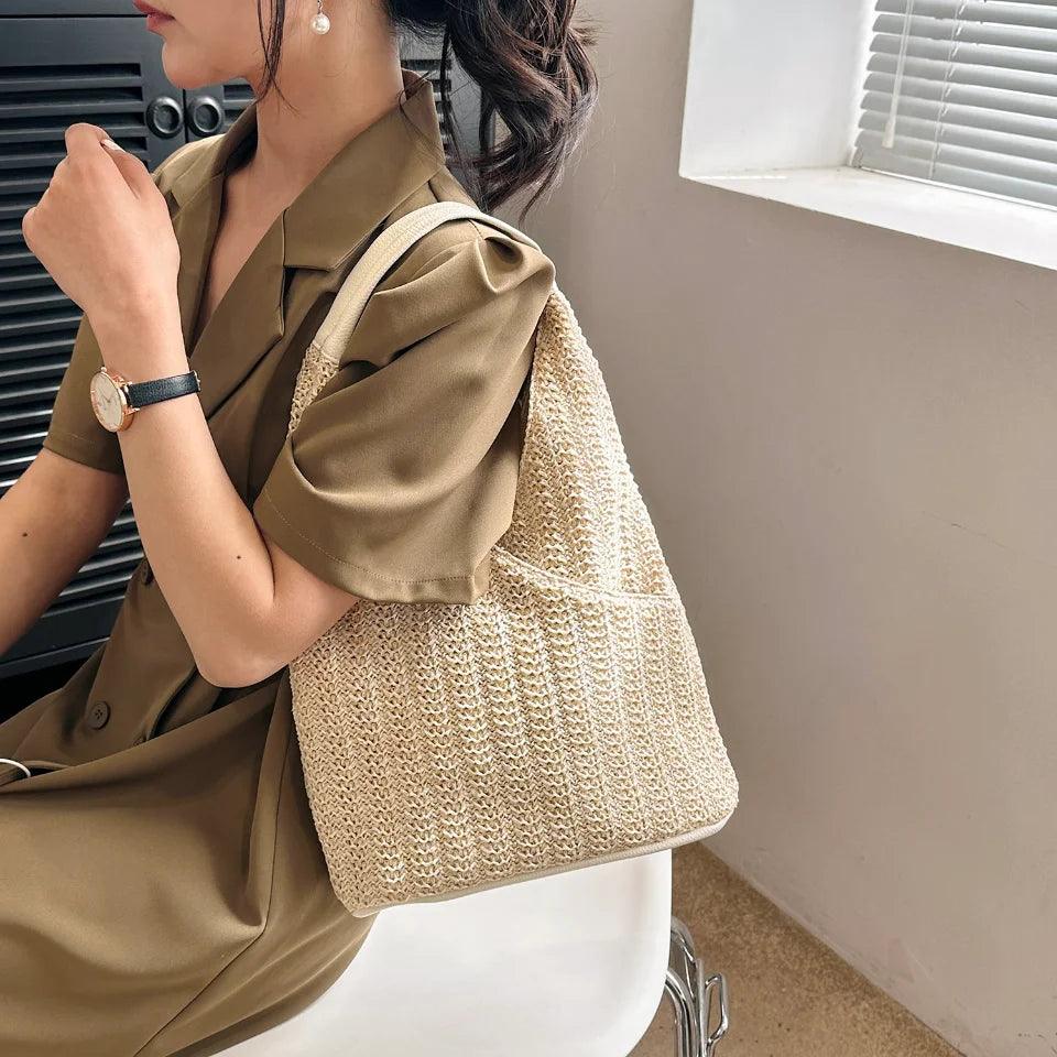 Fashion straw bag designer shoulder women tote summer beach vacation bohemian shopping pocket crossover sacos de ombro