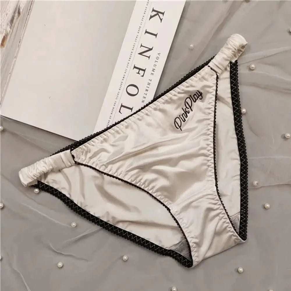 Sexy Girl Thongs Women Glossy Underwear Panty Low Waist Solid Color Satin Fabric Briefs Embroidery Fitness Yoga Underpants