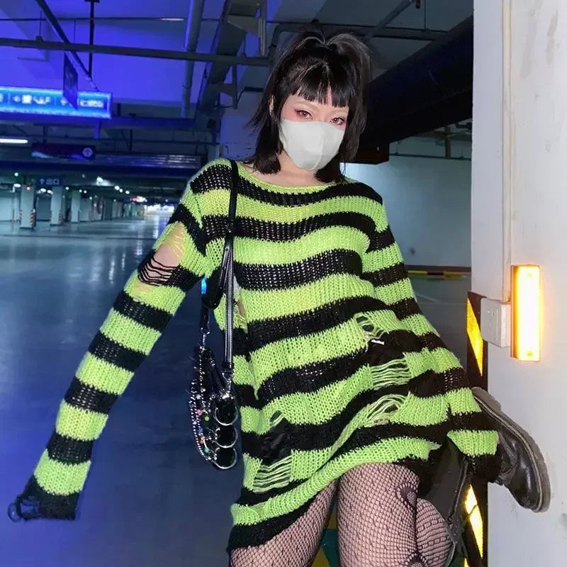 Gothic Sweaters Women Ripped Holes Loose Knitted Purple Striped Pullover Frayed Fairy Grunge Jumpers Emo Streetwear Lolita