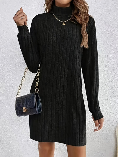 Cozy Casual Turtleneck Dress for Women - Long Sleeve, Ribbed Knit, Mid-Length with Side Stripes - Perfect for Fall/Winter