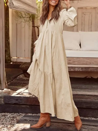 Vintage Cotton Linen Long Sleeve Dress Women Casual Autumn Maxi Robe V Neck Tiered Loose Vestido