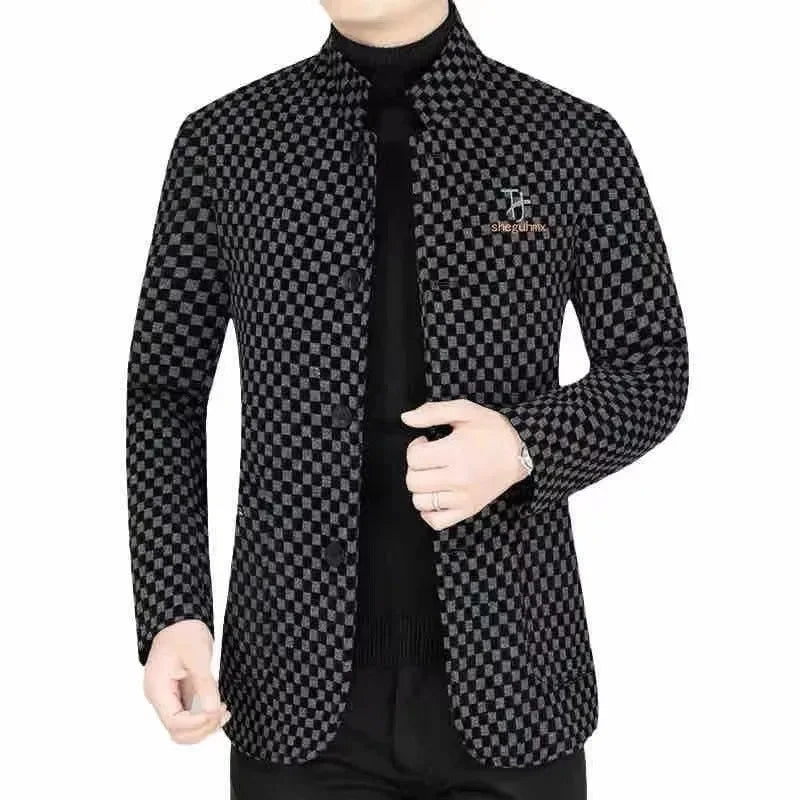 High Quality Men's Blazers Business Casual Stand Collar Woolen Jacket Classic Plaid Retro Versatile Tops Streetwear Coats